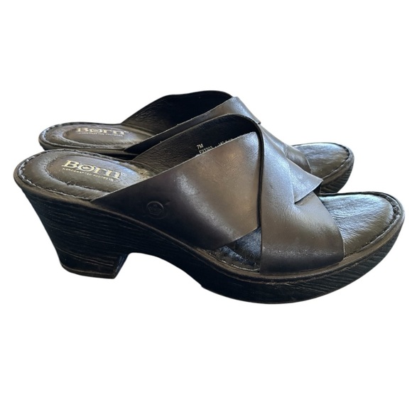 Born Shoes - Born Coney Leather Slip On Sandal 7M Black Open Toe Wrapped 2 3/4 Heel Cushion